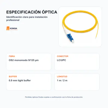 Especificación e identificación óptica - Pigtail de Fibra Óptica OS2 monomodo 9/125 µm LC/UPC - KG-FO-PT-OS2-LCU