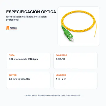 Especificación e identificación óptica - Pigtail de Fibra Óptica OS2 monomodo 9/125 µm SC/APC - KG-FO-PT-OS2-SCA