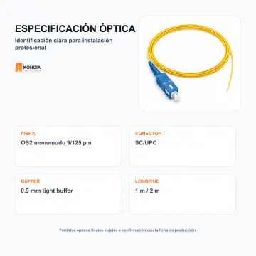 Especificación e identificación óptica - Pigtail de Fibra Óptica OS2 monomodo 9/125 µm SC/UPC - KG-FO-PT-OS2-SCU