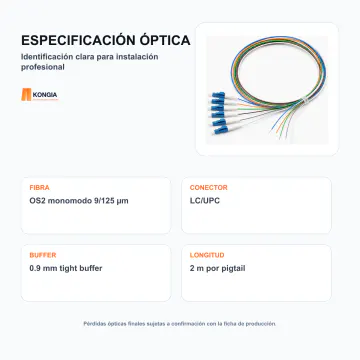 Especificación e identificación óptica - Kit de 6 Pigtails OS2 monomodo 9/125 µm LC/UPC, 2 m - KG-FO-PTK6-OS2-LCU-2M