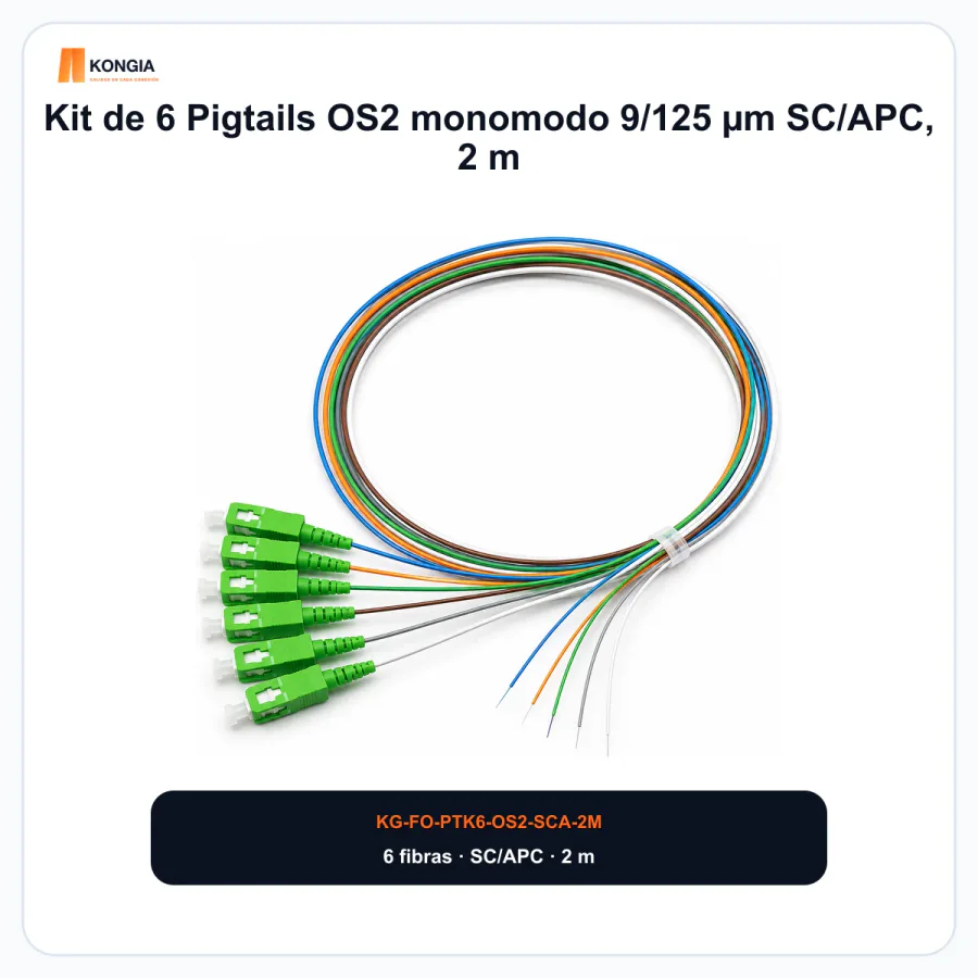 Kit de 6 Pigtails OS2 monomodo 9/125 µm SC/APC, 2 m