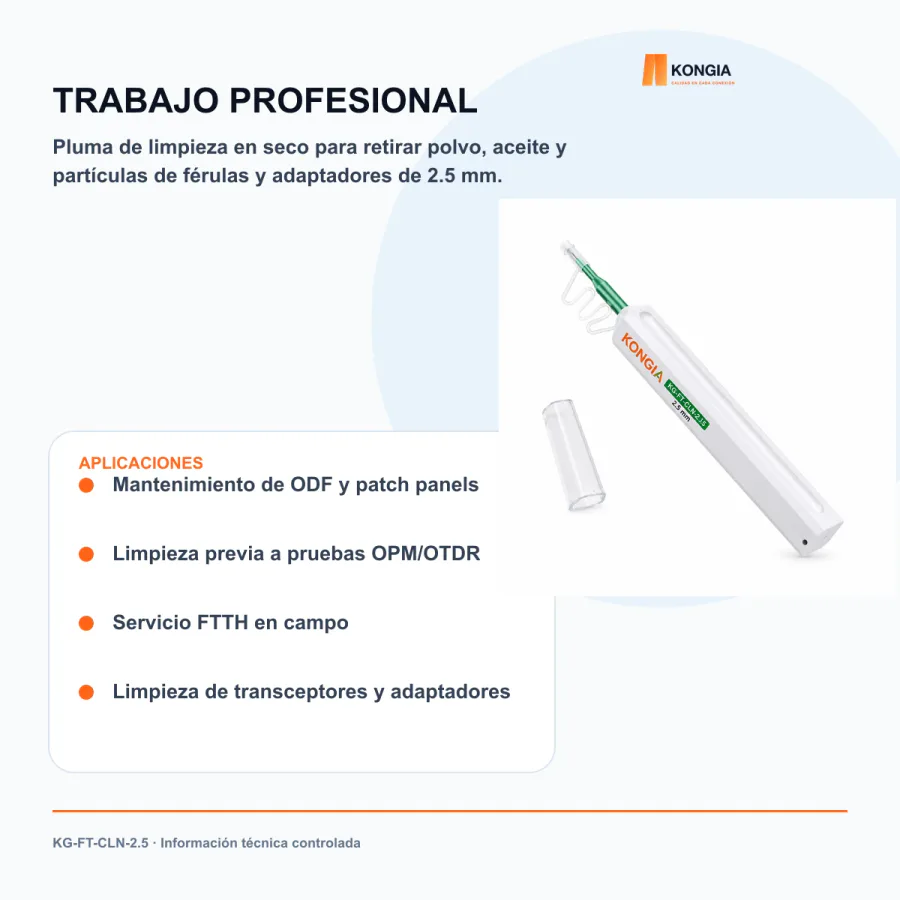 Escenarios de uso - Pluma Limpiadora One-Click de 2.5 mm para Fibra Óptica