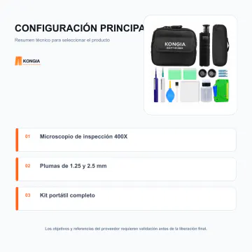 Configuración técnica principal - Kit de Inspección y Limpieza de Fibra Óptica 400X - KG-FT-IK-400X