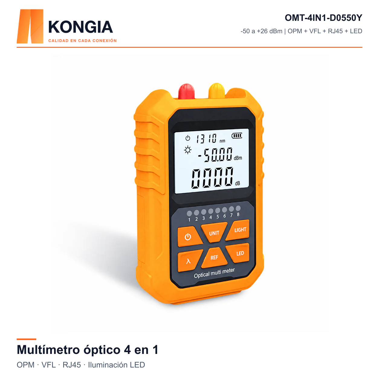 Multímetro Óptico Compacto 4 en 1 · OPM + VFL + RJ45 + LED · Naranja