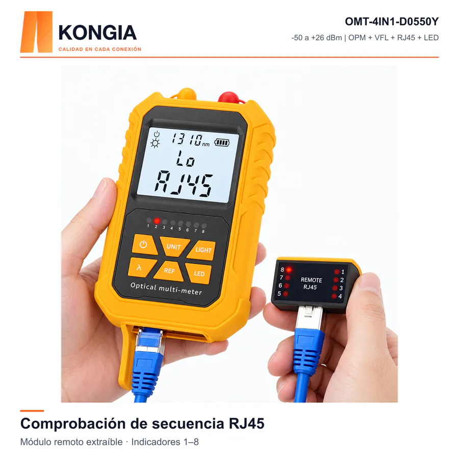 Escenarios de uso - Multímetro Óptico Compacto 4 en 1 · OPM + VFL + RJ45 + LED · Naranja