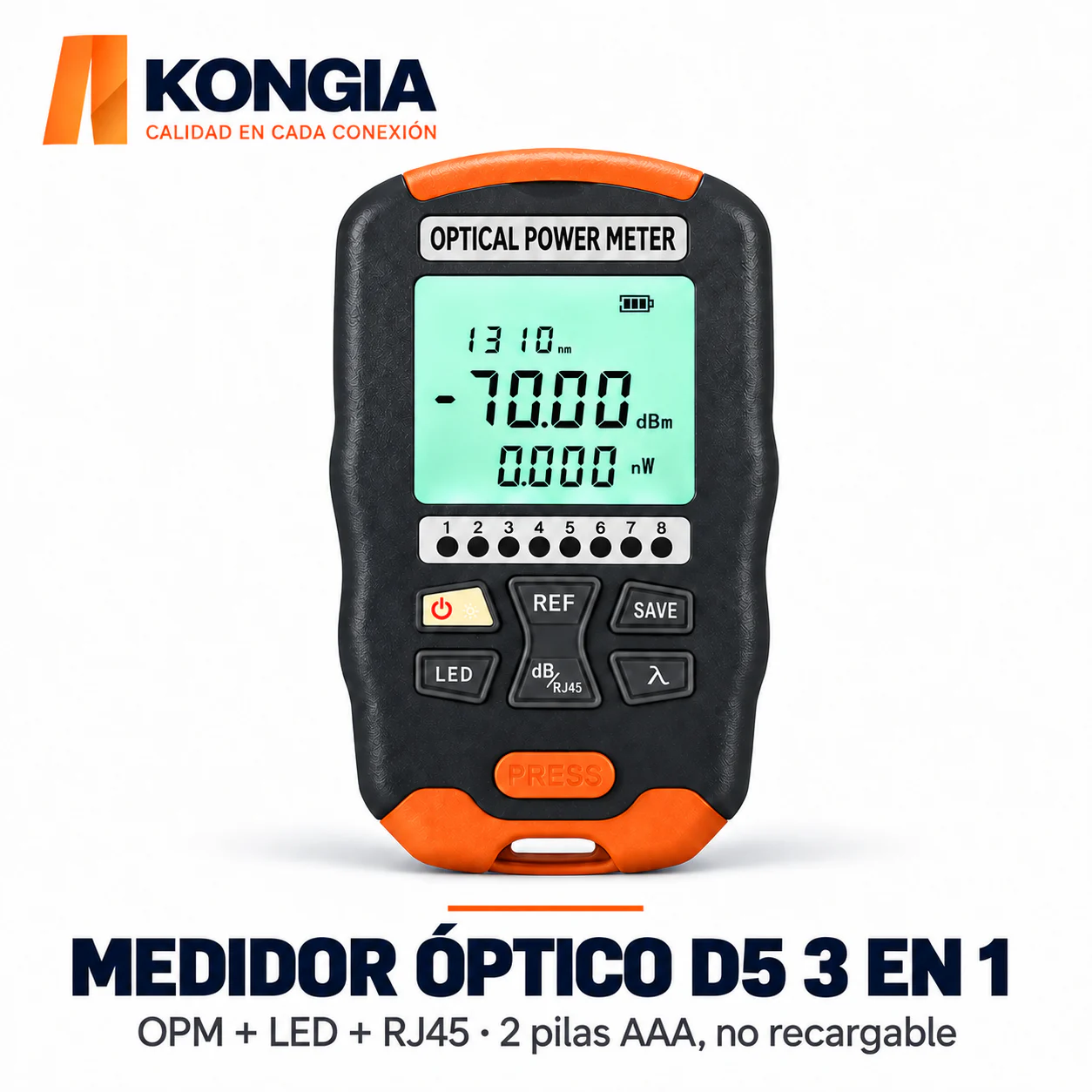 Medidor Óptico D5 3 en 1 · OPM + LED + RJ45 · Pilas AAA · No Recargable