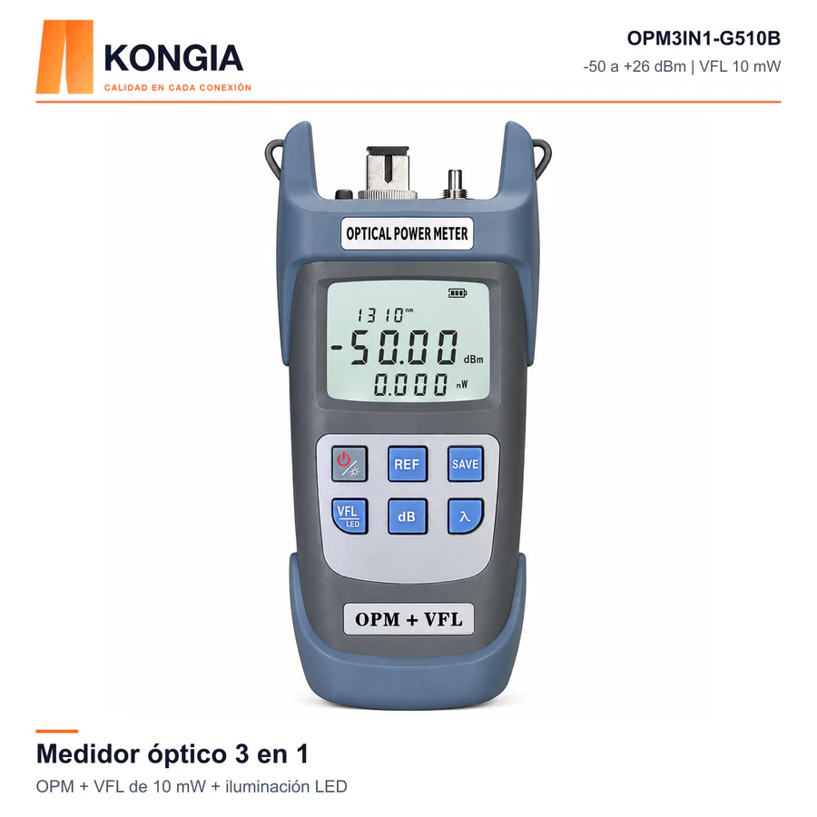 Medidor Óptico 3 en 1 · OPM + VFL 10 mW + LED · 10 Longitudes de Onda