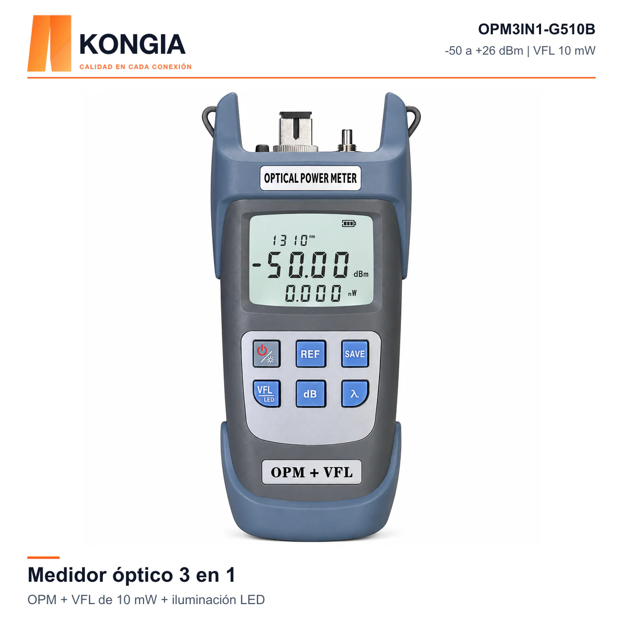 Medidor Óptico 3 en 1 · OPM + VFL 10 mW + LED · 10 Longitudes de Onda