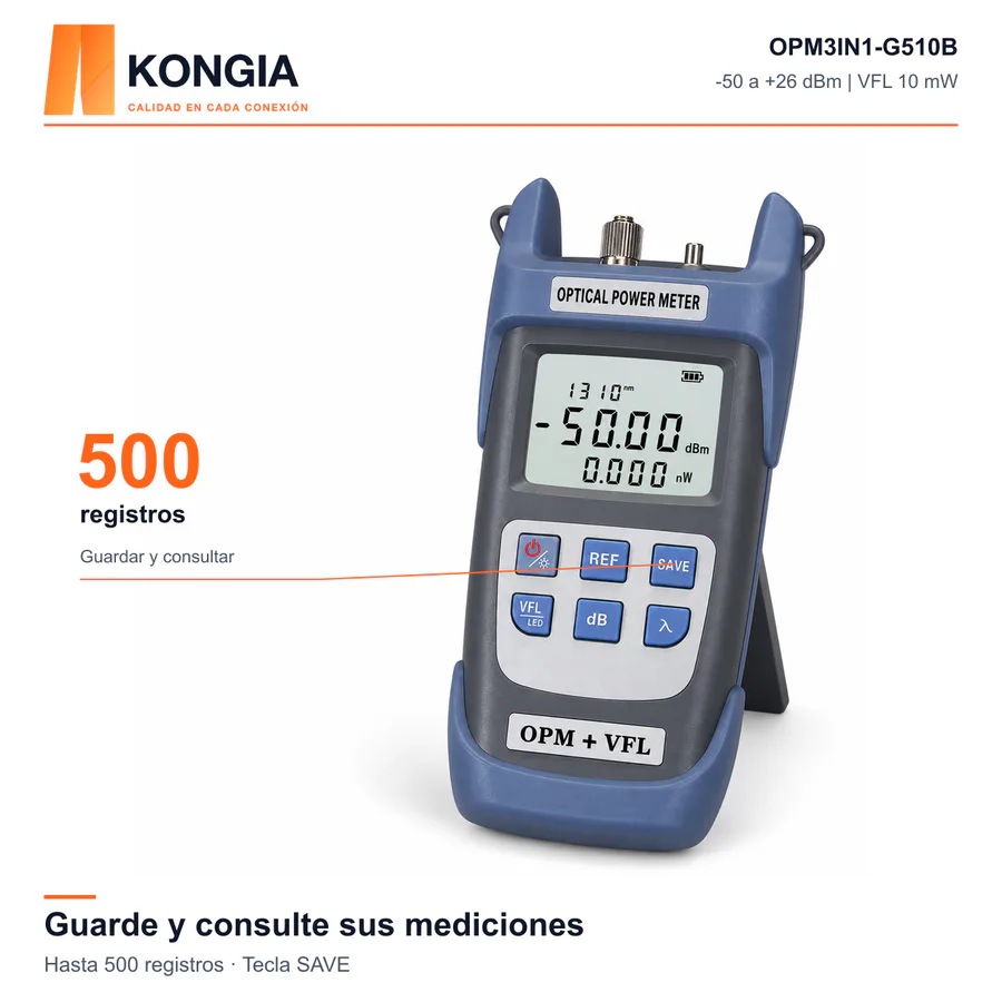 Escenarios de uso - Medidor Óptico 3 en 1 · OPM + VFL 10 mW + LED · 10 Longitudes de Onda
