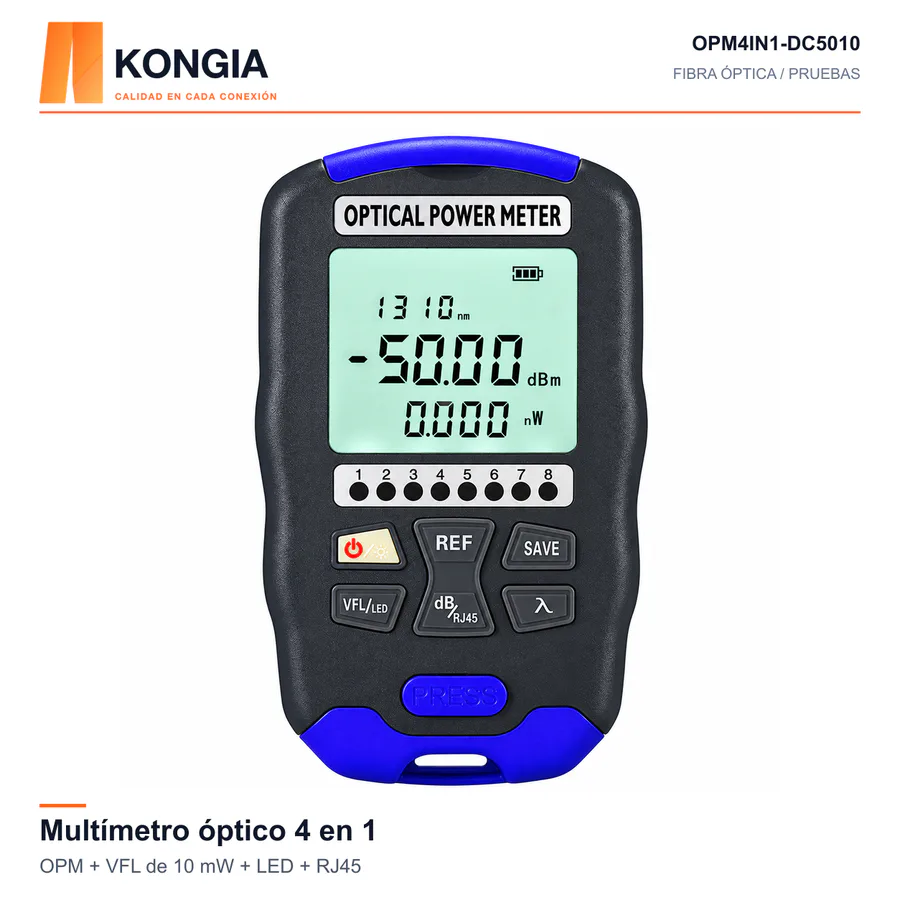 Multímetro Óptico Recargable 4 en 1 · OPM + VFL 10 mW + LED + RJ45