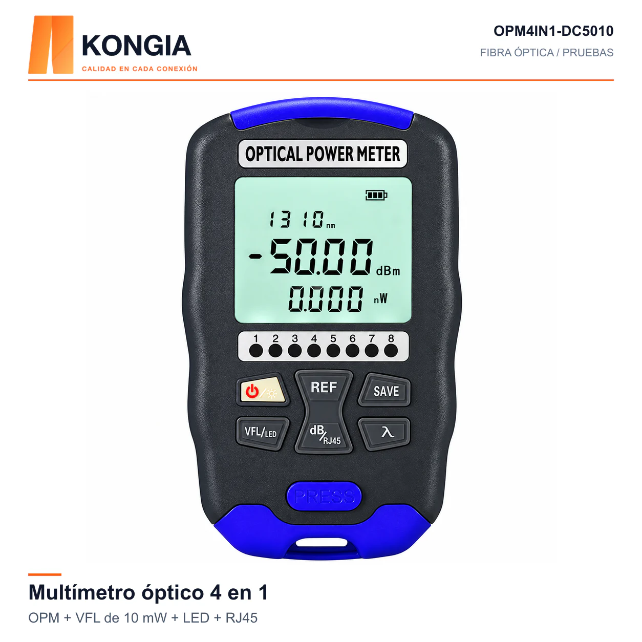 Multímetro Óptico Recargable 4 en 1 · OPM + VFL 10 mW + LED + RJ45
