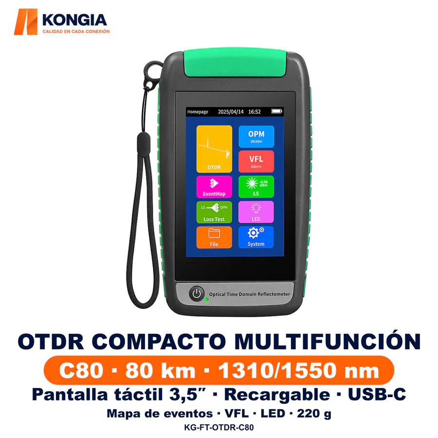 OTDR C80 compacto multifunción recargable · 80 km · 1310/1550 nm · Pantalla táctil de 3,5 pulgadas
