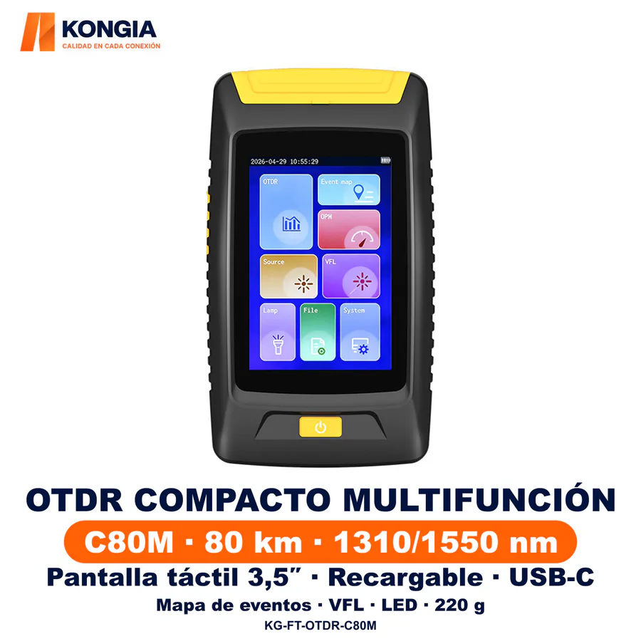 OTDR táctil C80M compacto recargable · 1310/1550 nm · Hasta 80 km