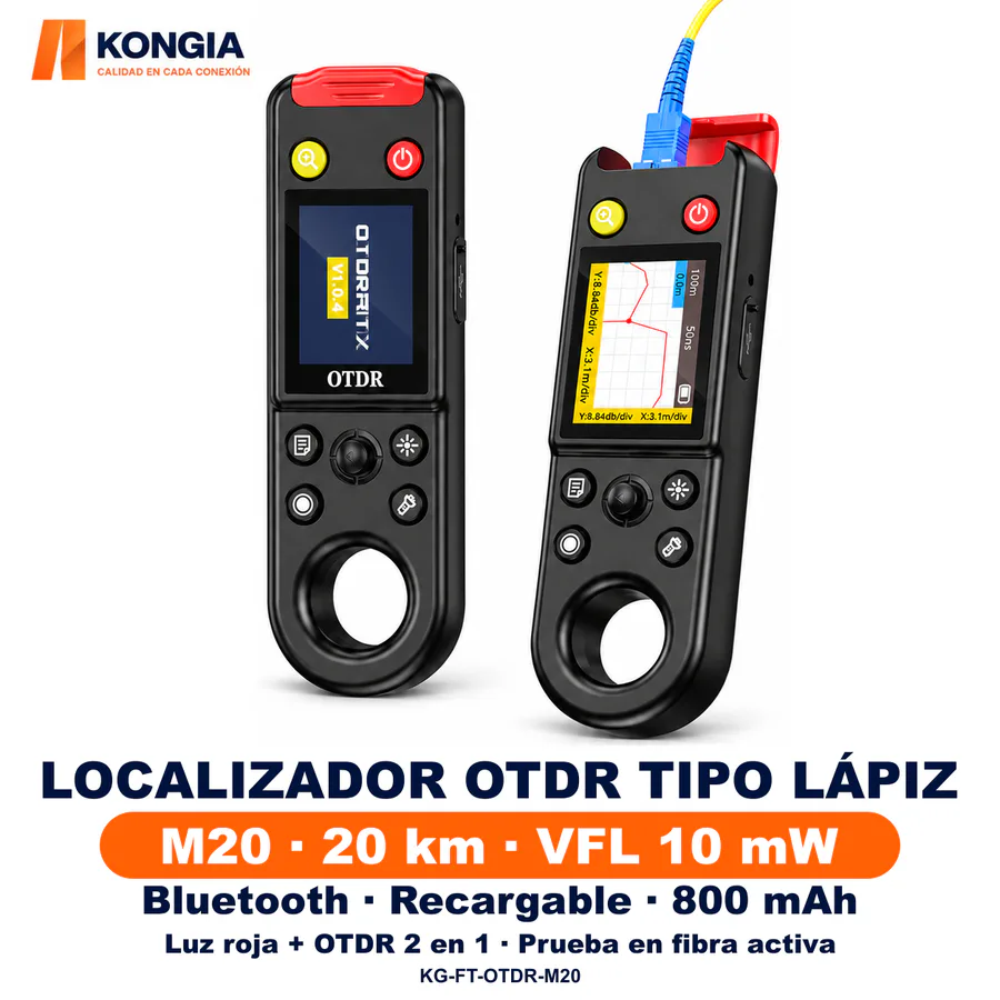 Localizador OTDR recargable tipo lápiz 2 en 1 · 20 km · VFL 10 mW · Bluetooth