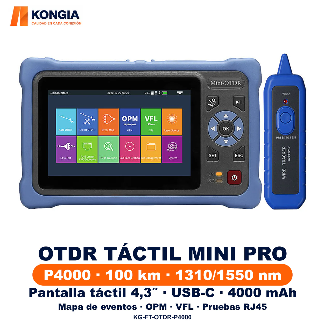 OTDR táctil P4000 Mini Pro para fibra monomodo · 1310/1550 nm · Hasta 100 km