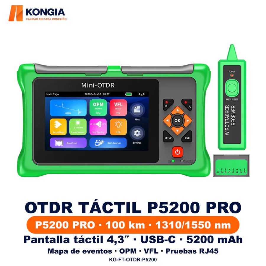OTDR táctil P5200 PRO recargable · 1310/1550 nm · Hasta 100 km