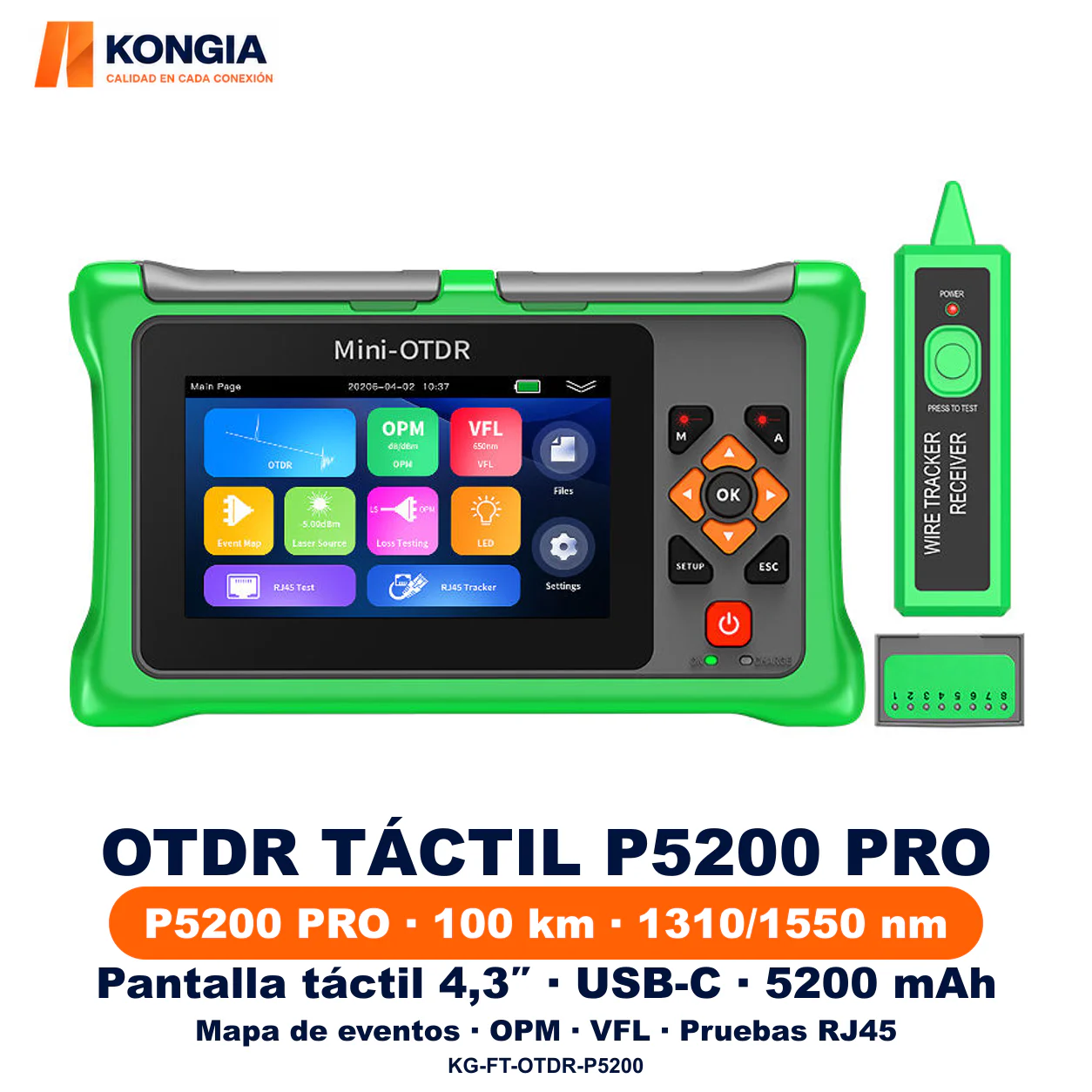 OTDR táctil P5200 PRO recargable · 1310/1550 nm · Hasta 100 km