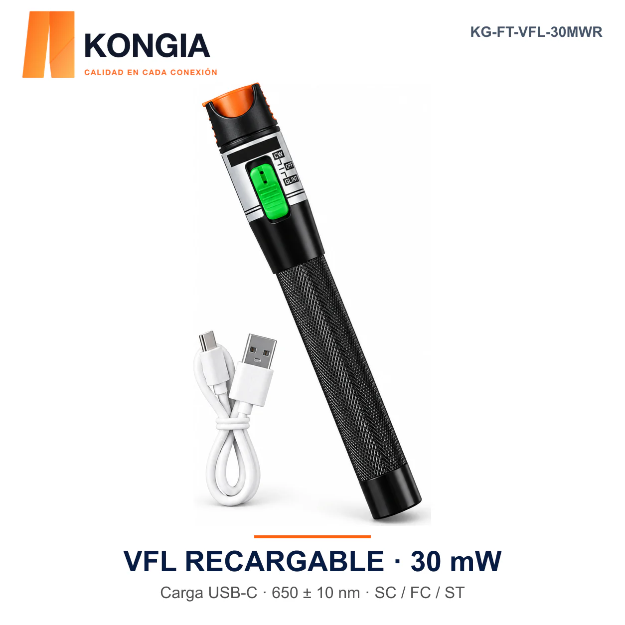 Localizador Visual de Fallos VFL Recargable · 30 mW · USB-C · SC/FC/ST