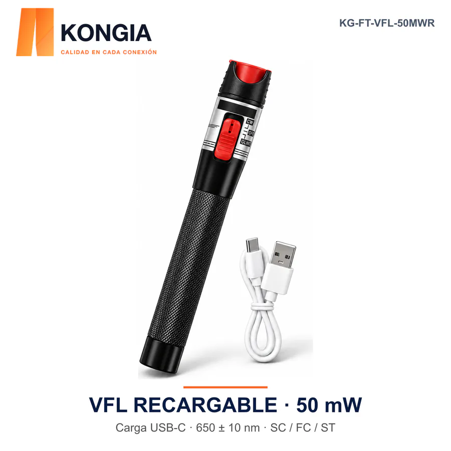 Localizador Visual de Fallos VFL Recargable · 50 mW · USB-C · SC/FC/ST