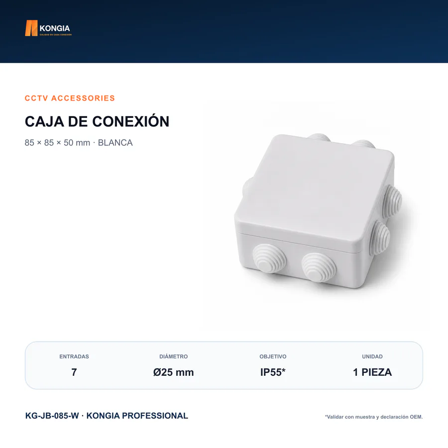 Caja de Conexión para CCTV, 85 × 85 × 50 mm, 7 Entradas, ABS Blanca