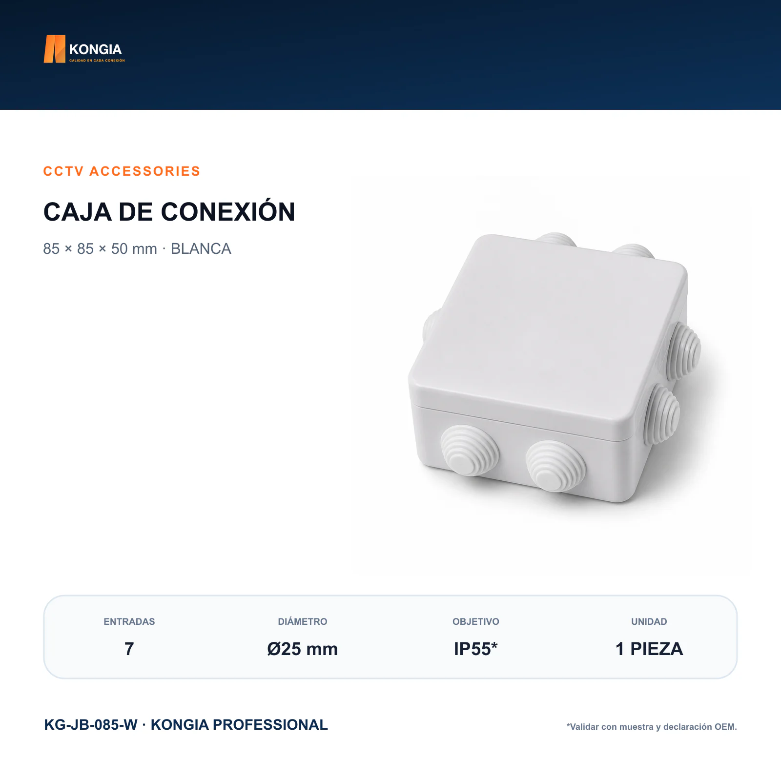 Caja de Conexión para CCTV, 85 × 85 × 50 mm, 7 Entradas, ABS Blanca