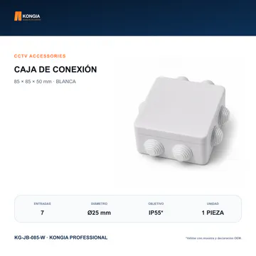 Vista principal del modelo — Caja de Conexión para CCTV, 85 × 85 × 50 mm, 7 Entradas, ABS Blanca — KG-JB-085-W