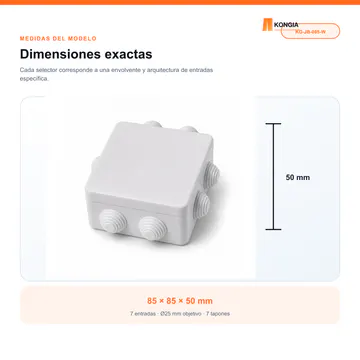 Dimensiones y arquitectura de entradas — Caja de Conexión para CCTV, 85 × 85 × 50 mm, 7 Entradas, ABS Blanca — KG-JB-085-W