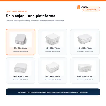 Selección de tamaño o compatibilidad — Caja de Conexión para CCTV, 85 × 85 × 50 mm, 7 Entradas, ABS Blanca — KG-JB-085-W