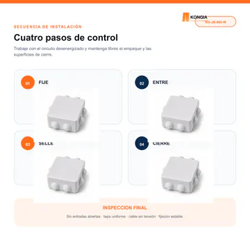 Secuencia de instalación recomendada — Caja de Conexión para CCTV, 85 × 85 × 50 mm, 7 Entradas, ABS Blanca — KG-JB-085-W