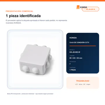Presentación comercial y etiquetado KONGIA — Caja de Conexión para CCTV, 85 × 85 × 50 mm, 7 Entradas, ABS Blanca — KG-JB-085-W