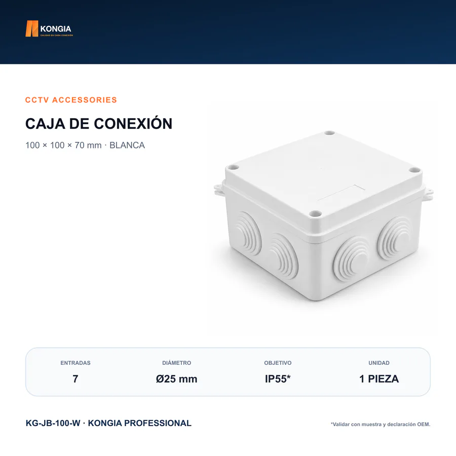 Caja de Conexión para CCTV, 100 × 100 × 70 mm, 7 Entradas, ABS Blanca