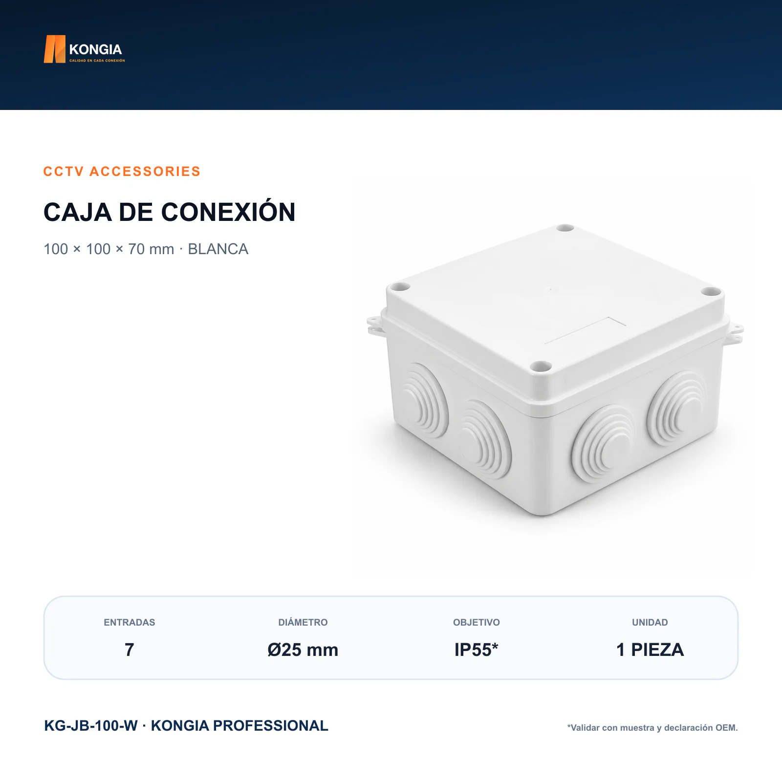 Caja de Conexión para CCTV, 100 × 100 × 70 mm, 7 Entradas, ABS Blanca