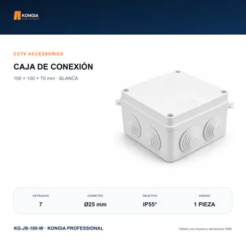 Vista principal del modelo — Caja de Conexión para CCTV, 100 × 100 × 70 mm, 7 Entradas, ABS Blanca — KG-JB-100-W