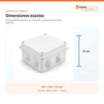 Dimensiones y arquitectura de entradas — Caja de Conexión para CCTV, 100 × 100 × 70 mm, 7 Entradas, ABS Blanca — KG-JB-100-W
