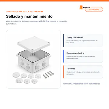 Construcción y componentes de la envolvente — Caja de Conexión para CCTV, 100 × 100 × 70 mm, 7 Entradas, ABS Blanca — KG-JB-100-W