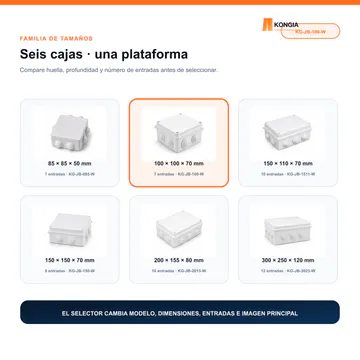 Selección de tamaño o compatibilidad — Caja de Conexión para CCTV, 100 × 100 × 70 mm, 7 Entradas, ABS Blanca — KG-JB-100-W