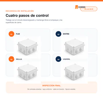 Secuencia de instalación recomendada — Caja de Conexión para CCTV, 100 × 100 × 70 mm, 7 Entradas, ABS Blanca — KG-JB-100-W