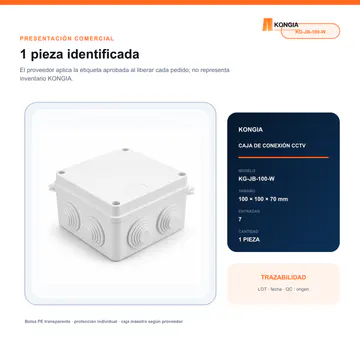 Presentación comercial y etiquetado KONGIA — Caja de Conexión para CCTV, 100 × 100 × 70 mm, 7 Entradas, ABS Blanca — KG-JB-100-W