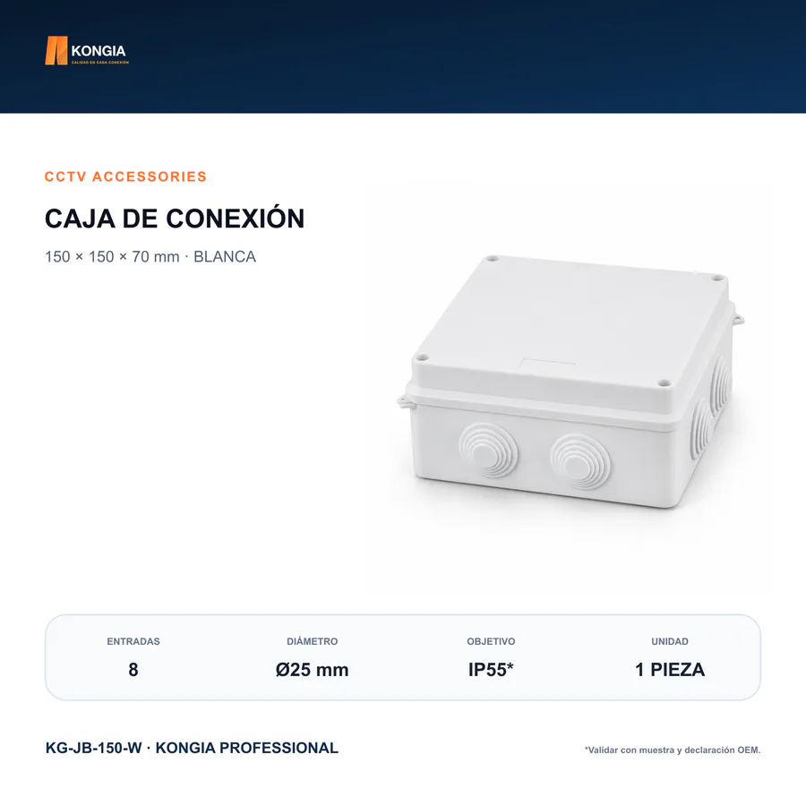 Caja de Conexión para CCTV, 150 × 150 × 70 mm, 8 Entradas, ABS Blanca