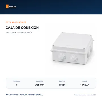 Vista principal del modelo — Caja de Conexión para CCTV, 150 × 150 × 70 mm, 8 Entradas, ABS Blanca — KG-JB-150-W