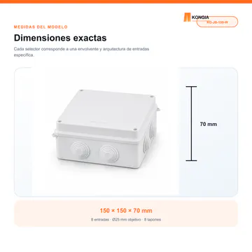 Dimensiones y arquitectura de entradas — Caja de Conexión para CCTV, 150 × 150 × 70 mm, 8 Entradas, ABS Blanca — KG-JB-150-W
