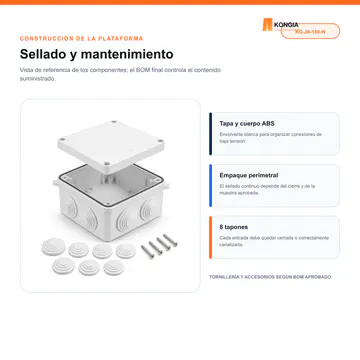 Construcción y componentes de la envolvente — Caja de Conexión para CCTV, 150 × 150 × 70 mm, 8 Entradas, ABS Blanca — KG-JB-150-W