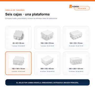 Selección de tamaño o compatibilidad — Caja de Conexión para CCTV, 150 × 150 × 70 mm, 8 Entradas, ABS Blanca — KG-JB-150-W