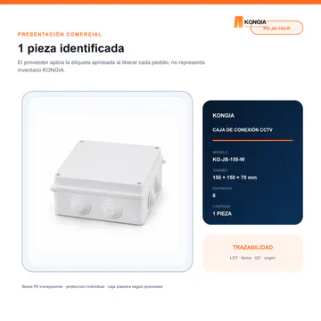 Presentación comercial y etiquetado KONGIA — Caja de Conexión para CCTV, 150 × 150 × 70 mm, 8 Entradas, ABS Blanca — KG-JB-150-W
