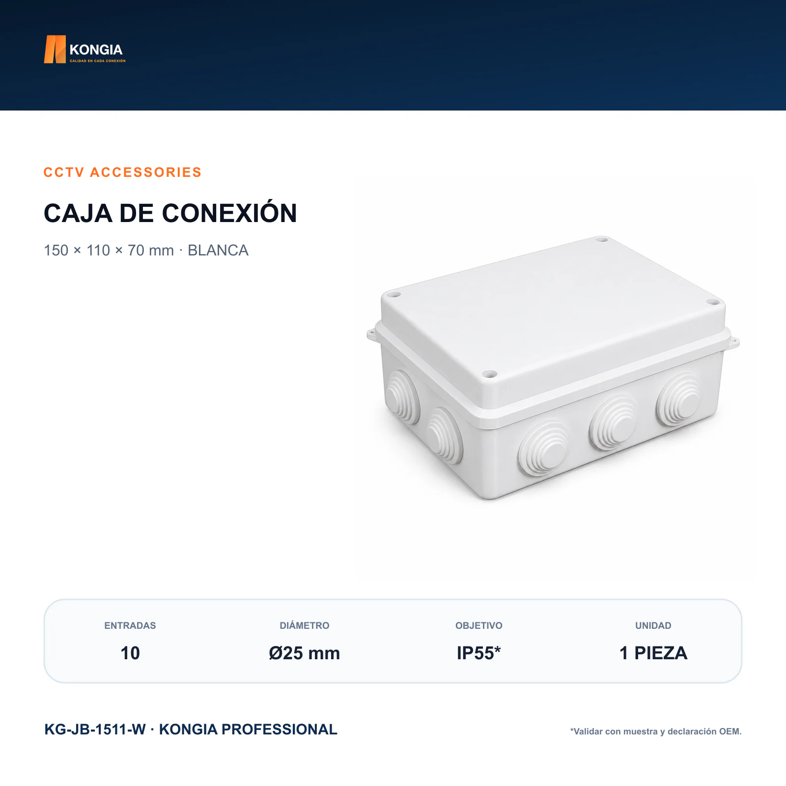 Caja de Conexión para CCTV, 150 × 110 × 70 mm, 10 Entradas, ABS Blanca