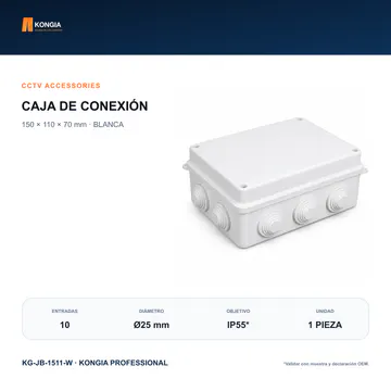 Vista principal del modelo — Caja de Conexión para CCTV, 150 × 110 × 70 mm, 10 Entradas, ABS Blanca — KG-JB-1511-W