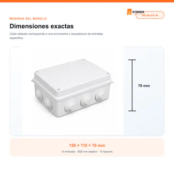 Dimensiones y arquitectura de entradas — Caja de Conexión para CCTV, 150 × 110 × 70 mm, 10 Entradas, ABS Blanca — KG-JB-1511-W