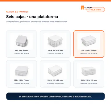 Selección de tamaño o compatibilidad — Caja de Conexión para CCTV, 150 × 110 × 70 mm, 10 Entradas, ABS Blanca — KG-JB-1511-W
