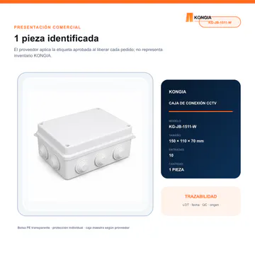Presentación comercial y etiquetado KONGIA — Caja de Conexión para CCTV, 150 × 110 × 70 mm, 10 Entradas, ABS Blanca — KG-JB-1511-W