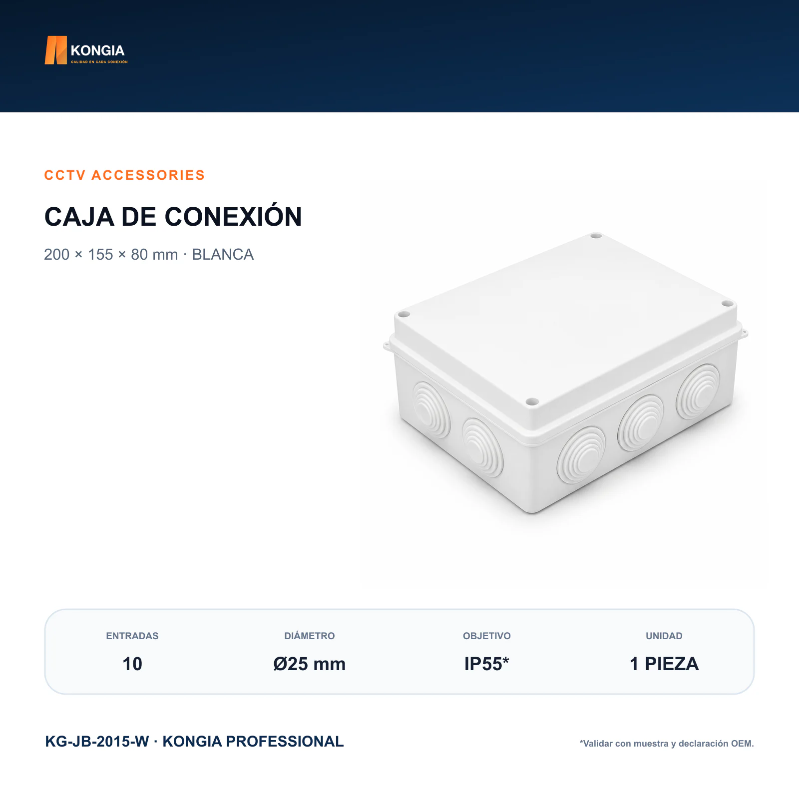 Caja de Conexión para CCTV, 200 × 155 × 80 mm, 10 Entradas, ABS Blanca